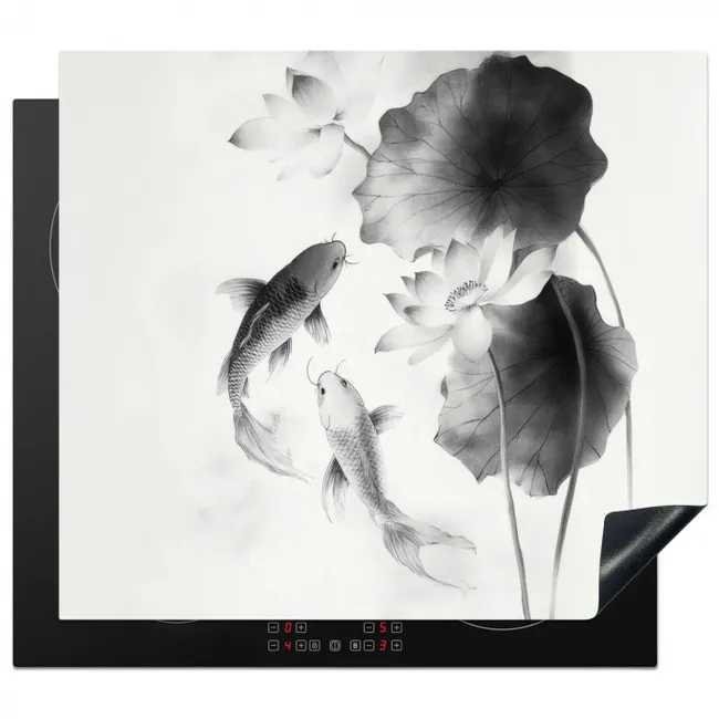 Protezione piano induzione - Fiori di loto - Pesce - Foglie - Nero
