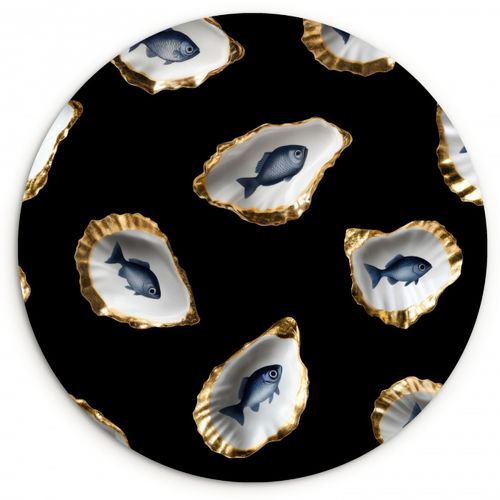 Quadro rotondo - Ostriche - Pesce - Blu - Oro
