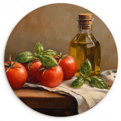Quadro rotondo - Pomodori - Olio d'oliva - Natura morta