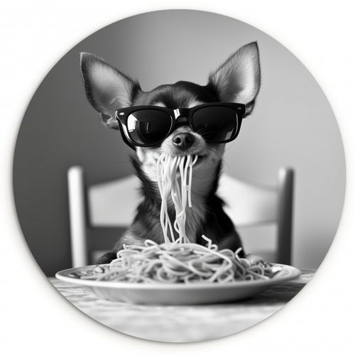 Quadro rotondo - Chihuahua - Cane - Occhiali da sole - Umoristico - Nero - Bianco - Spaghetti