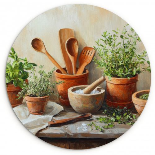 Quadro rotondo - Vasi - Erbe - Legno