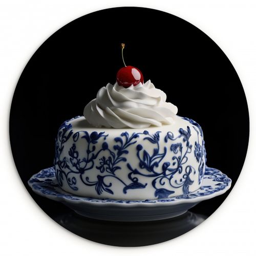 Quadro rotondo - Torta - Panna montata - Ciliegia - Piatto - Blu Delft