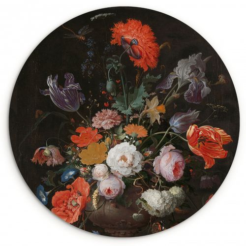 Quadro rotondo - Natura morta con fiori e orologio
