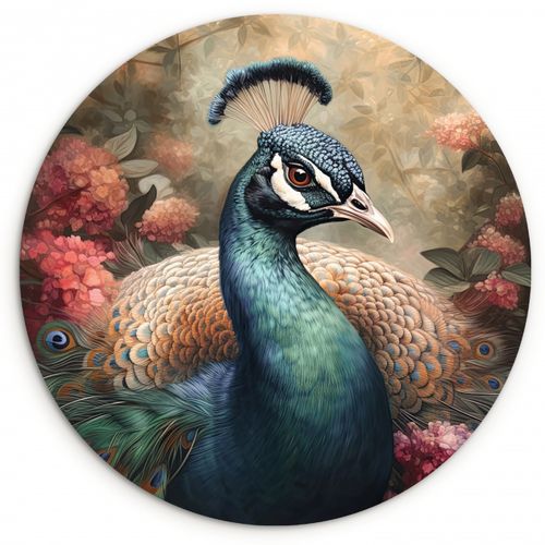 Quadro rotondo - Il pavone nello splendore floreale