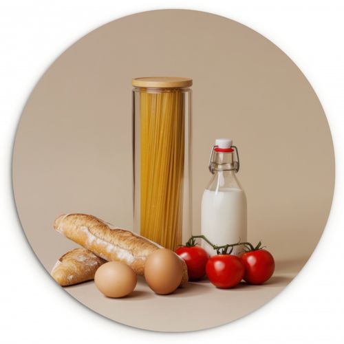 Quadro rotondo - Spaghetti - Latte - Pomodori - Uova - Pane