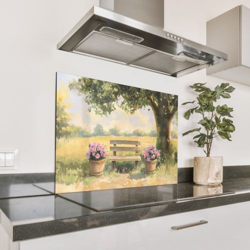 Parafango in alluminio - Panchina di legno - Vasi di fiori - Paesaggio