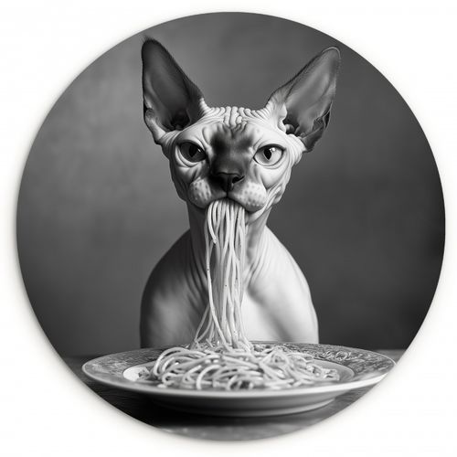 Quadro rotondo - Sphynx - Gatto - Animali - Umorismo - Spaghetti - Bianco e nero