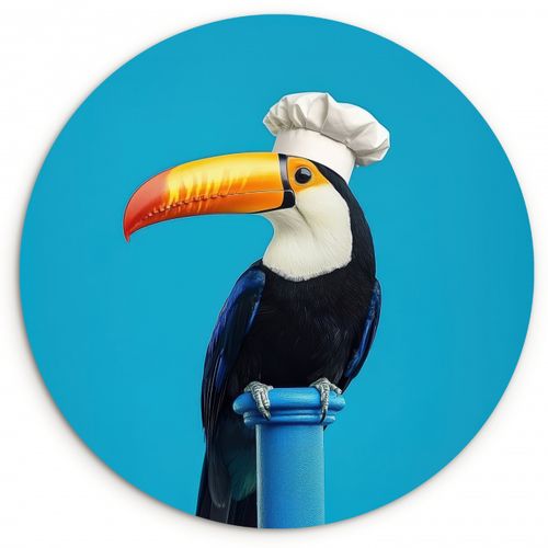 Quadro rotondo - Tucano - Piedistallo - Uccello - Cappello da cuoco