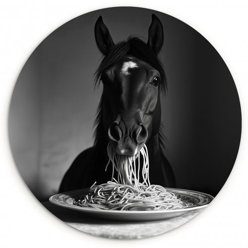 Quadro rotondo - Cavallo - Piatto - Pasta - Tovaglia - Bianco e nero - Animali