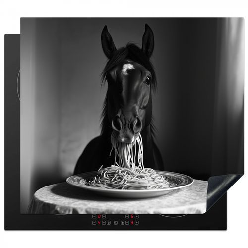 Protezione piano induzione - Cavallo - Piatto - Pasta - Tovaglia - Bianco e nero - Animali