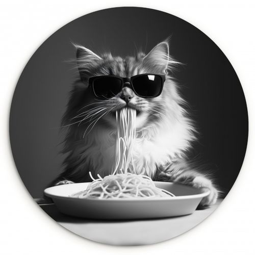 Quadro rotondo - Gatto a pelo lungo - Occhiali da sole - Spaghetti - Umorismo - Nero - bianco