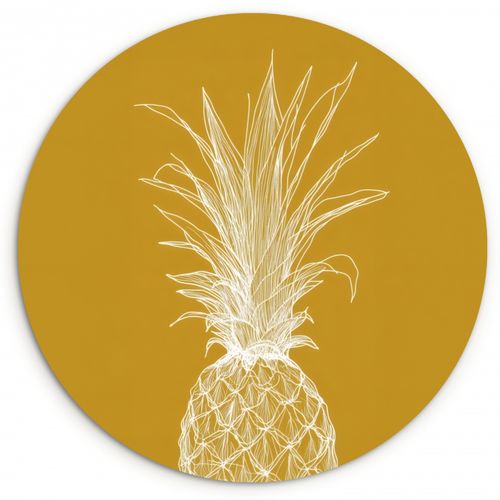 Quadro rotondo - Illustrazione lineare - Ananas - Corona di foglie - Giallo ocra