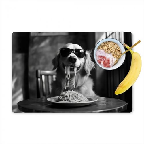 Tovagliette - Golden Retriever - Cane - Allegro - Piatto di spaghetti - Nero - bianco