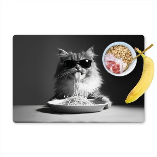 Tovagliette - Gatto a pelo lungo - Occhiali da sole - Spaghetti - Umorismo - Nero - bianco
