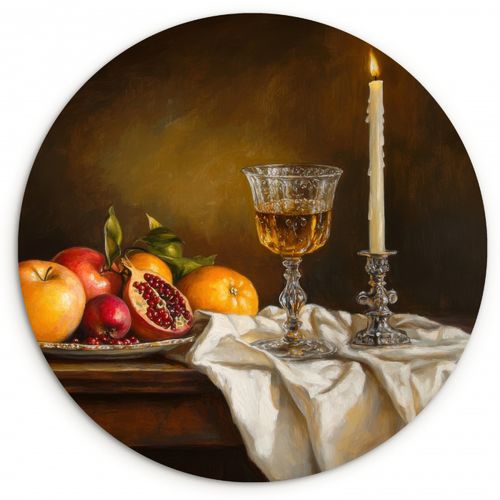 Quadro rotondo - Frutta - Natura morta - Vino - Candela