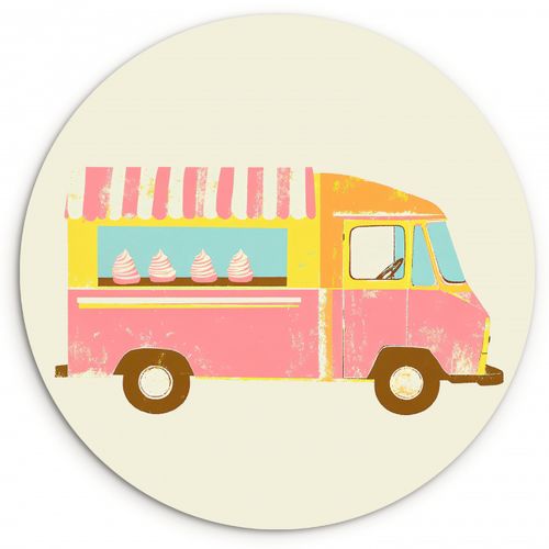 Quadro rotondo - Carrello dei gelati - Retrò - Gelati morbidi - Rosa