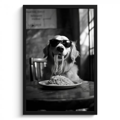 KitchenYeah - Cucina - Cornice per foto - Golden Retriever - Cane - Allegro - Piatto di spaghetti - Nero - bianco