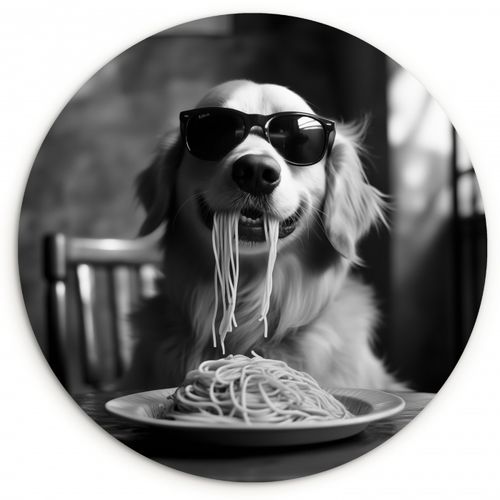 Quadro rotondo - Golden Retriever - Cane - Allegro - Piatto di spaghetti - Nero - bianco