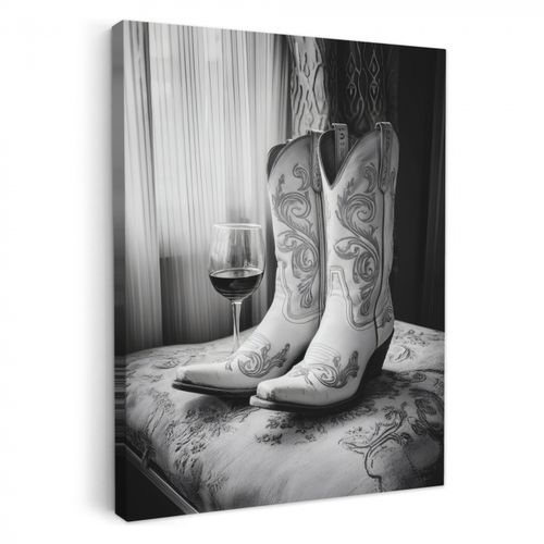 Dipinti su tela - Vino - Stivali da cowboy - Luce alla finestra - Bianco