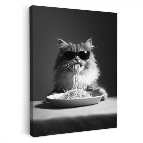 Dipinti su tela - Gatto a pelo lungo - Occhiali da sole - Spaghetti - Umorismo - Nero - bianco