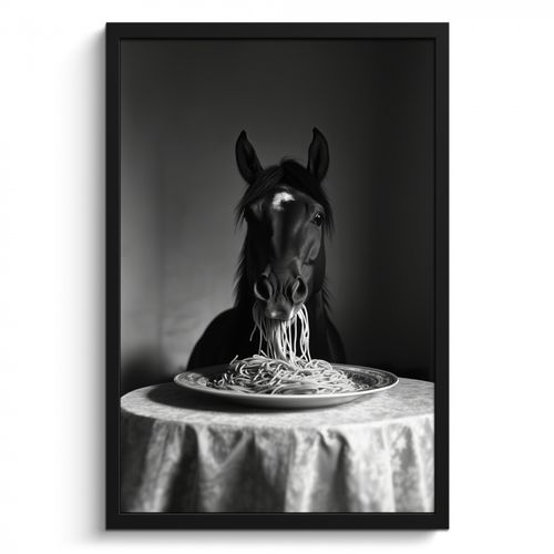 KitchenYeah - Cucina - Cornice per foto - Cavallo - Piatto - Pasta - Tovaglia - Bianco e nero - Animali
