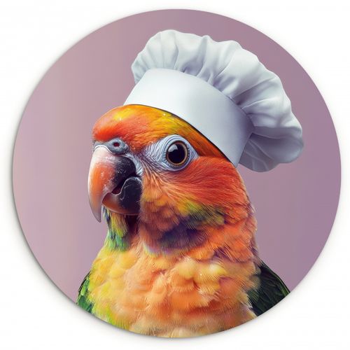 Quadro rotondo - Pappagallo - Cappello da cuoco - Curioso - Uccello