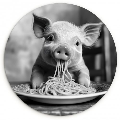 Quadro rotondo - Maiale - Carino - Spaghetti - Bianco e nero - Animale