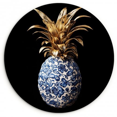 Quadro rotondo - Ananas - Motivo floreale - Oro - Delftware