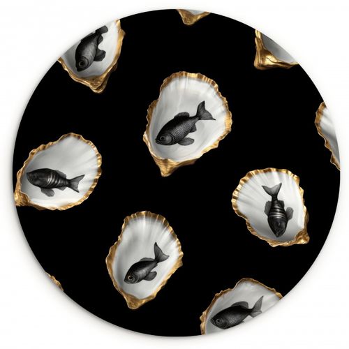 Quadro rotondo - Ostriche - Nero - Pesce - Oro