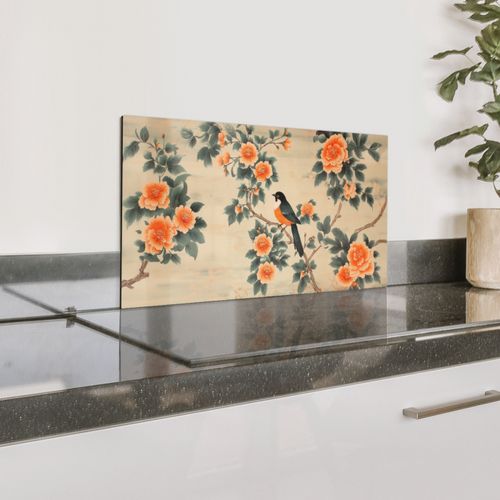 Parafango in alluminio - Uccello - Ramo - Fiori - Arancione