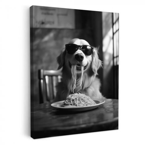 Dipinti su tela - Golden Retriever - Cane - Allegro - Piatto di spaghetti - Nero - bianco