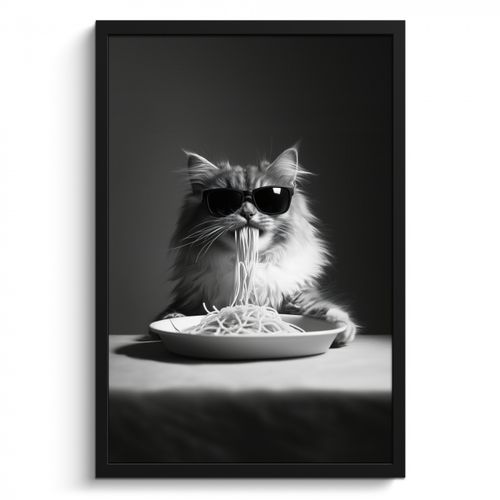 KitchenYeah - Cucina - Cornice per foto - Gatto a pelo lungo - Occhiali da sole - Spaghetti - Umorismo - Nero - bianco