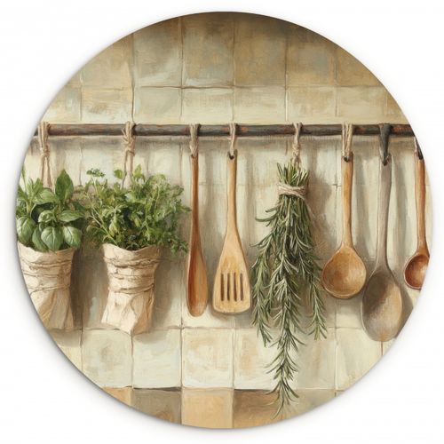 Quadro rotondo - Legno - Utensili da cucina - Natura morta - Piastrelle