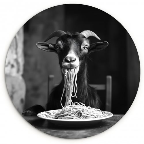Quadro rotondo - Capra - Piatto - Spaghetti - Bianco e nero