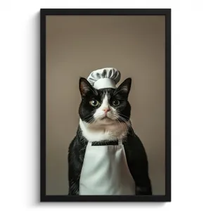 KitchenYeah - Cucina - Cornice per foto - Gatto - Abbigliamento da chef - Nero - Bianco
