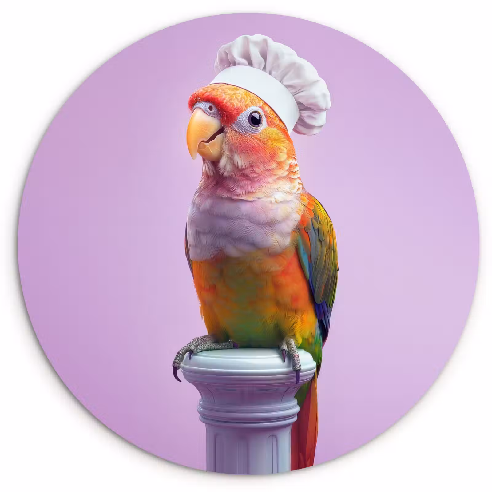 Quadro rotondo - Pappagallo - Cappello da cuoco - Pilastro - Uccello — 1