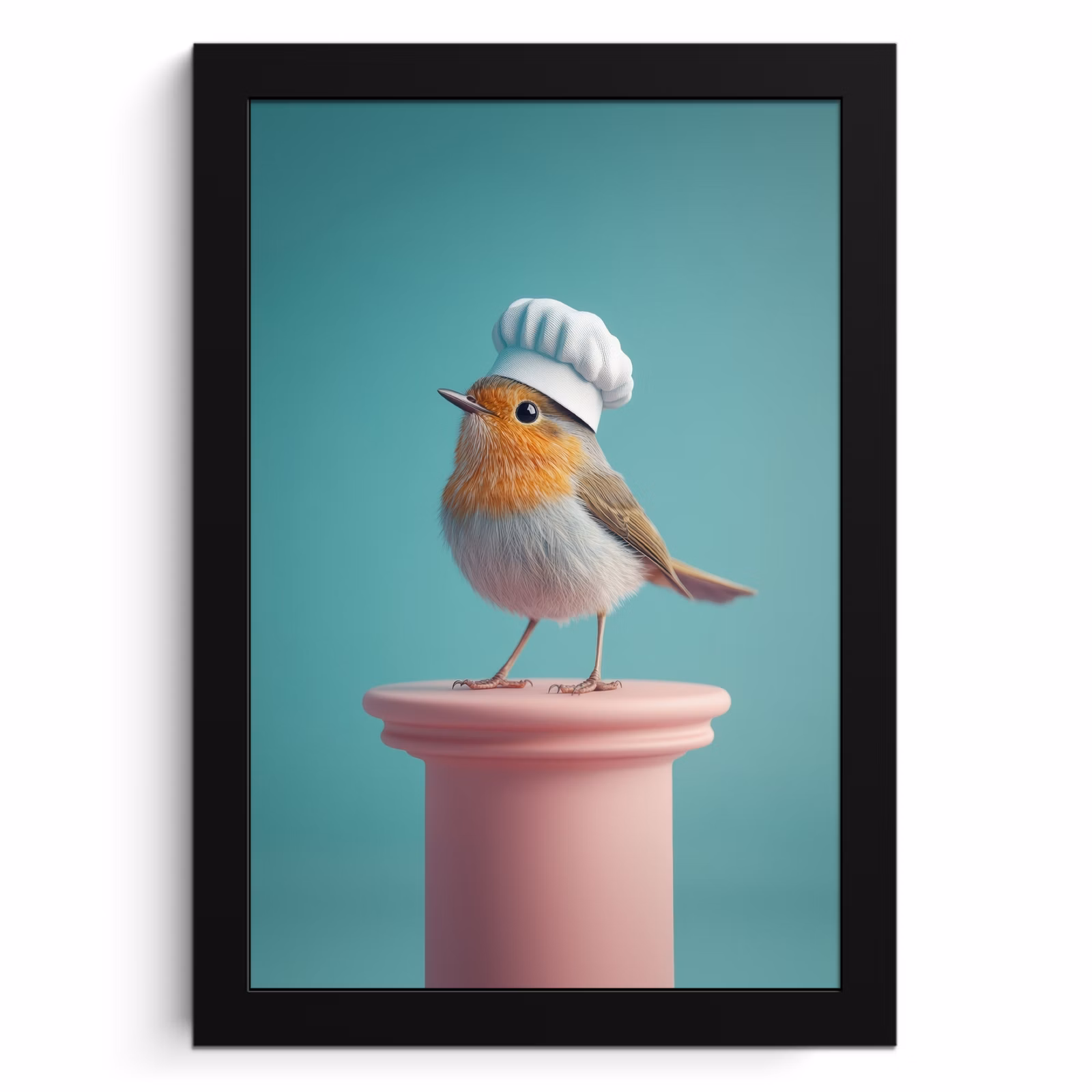 KitchenYeah - Cucina - Cornice per foto - Pettirosso - Uccello - Cappello da cuoco - Piedistallo — 1