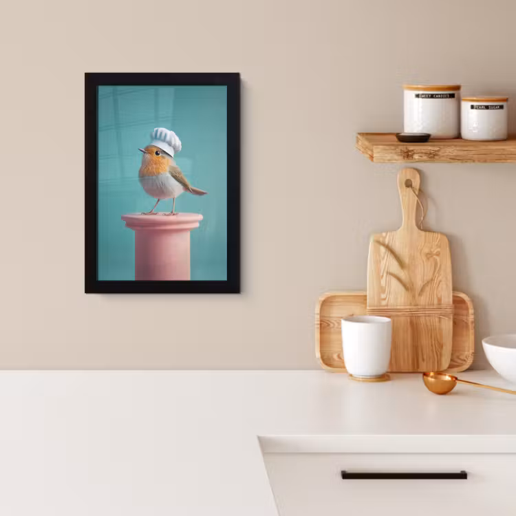 KitchenYeah - Cucina - Cornice per foto - Pettirosso - Uccello - Cappello da cuoco - Piedistallo — 3