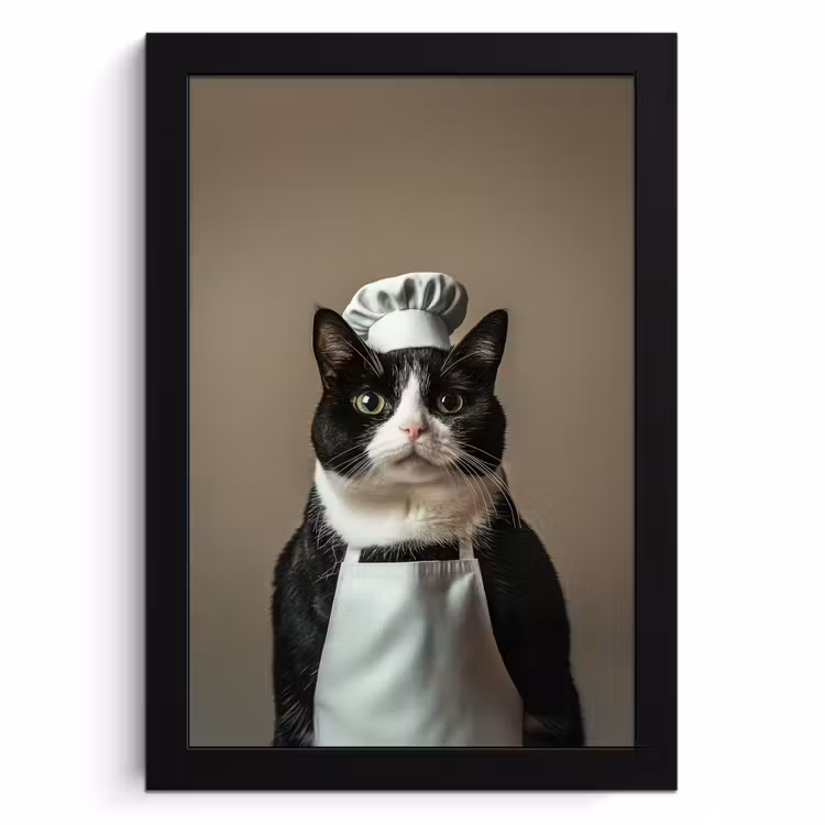 KitchenYeah - Cucina - Cornice per foto - Gatto - Abbigliamento da chef - Nero - Bianco — 1