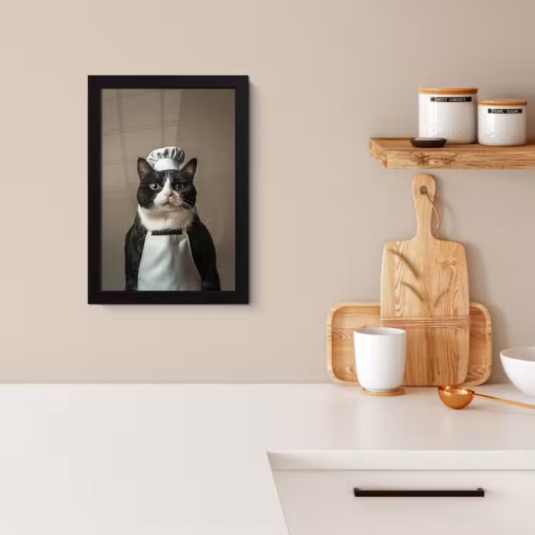 KitchenYeah - Cucina - Cornice per foto - Gatto - Abbigliamento da chef - Nero - Bianco — 2