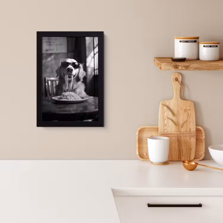 KitchenYeah - Cucina - Cornice per foto - Golden Retriever - Cane - Allegro - Piatto di spaghetti - Nero - bianco — 4