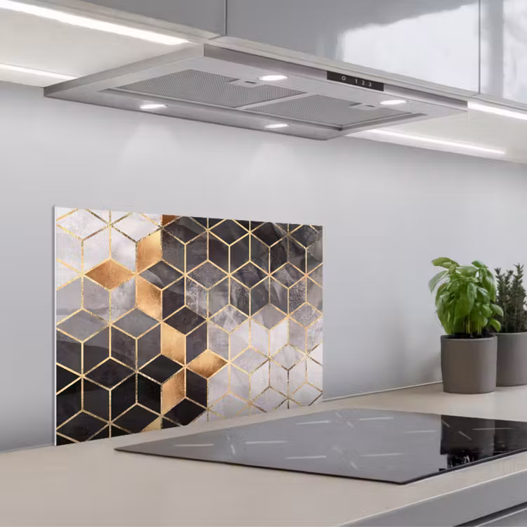 Paraschizzi cucina - Astratto - Cubo - Oro - Motivi - Nero - Bianco — 1