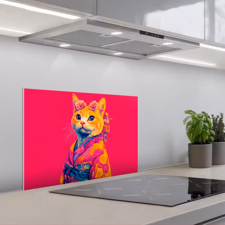 Paraschizzi cucina - Gatto - Kimono - Fiori - Rosa — 1