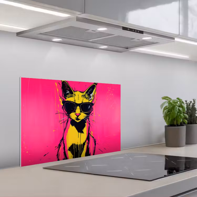 Paraschizzi cucina - Gatto - Arte - Occhiali da sole - Rosa — 1