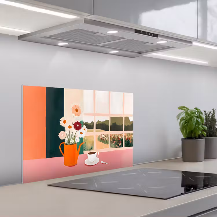 Paraschizzi cucina - Fiori - Caffè - Finestra — 1