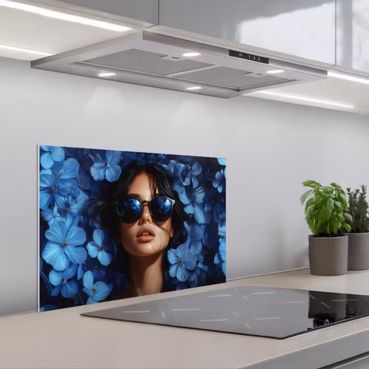 Paraschizzi cucina - Donna - Blu - Fiori - Farfalle - Natura — 1