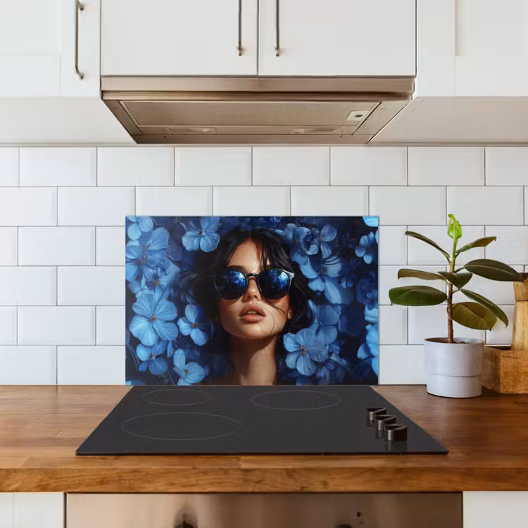 Paraschizzi cucina - Donna - Blu - Fiori - Farfalle - Natura — 3