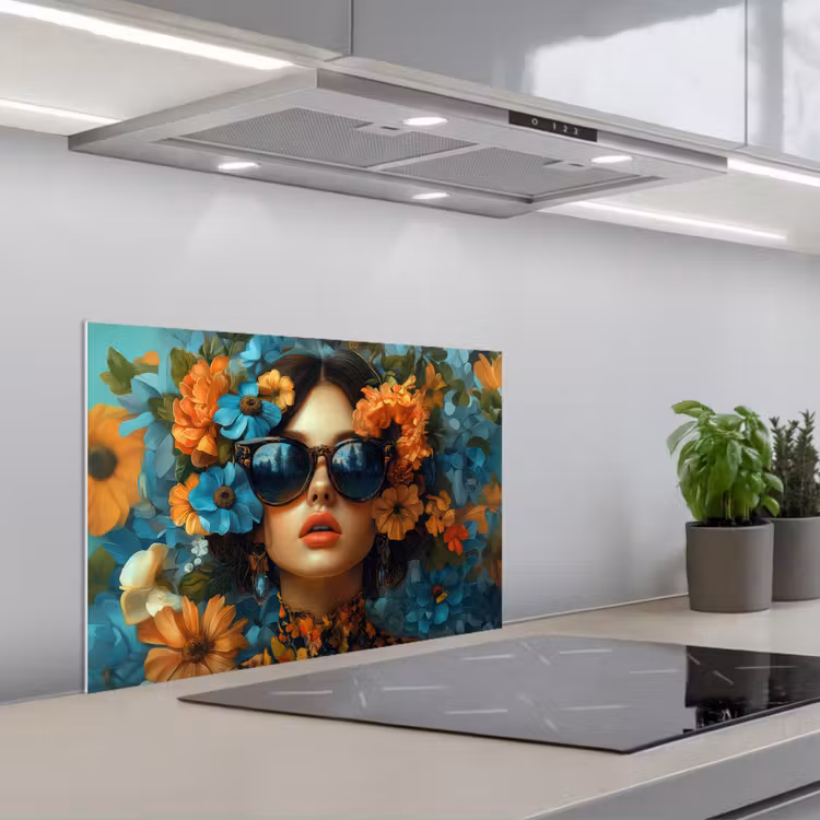 Paraschizzi cucina - Donna - Fiori - Arancione - Blu - Moderno — 1