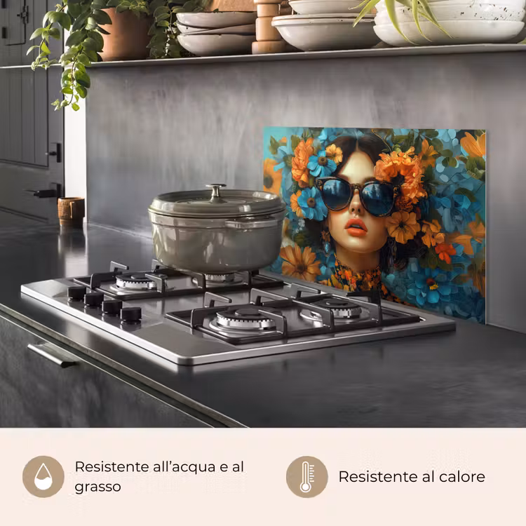 Paraschizzi cucina - Donna - Fiori - Arancione - Blu - Moderno — 2