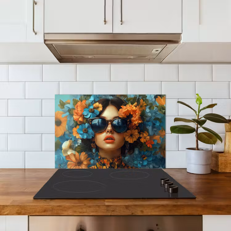 Paraschizzi cucina - Donna - Fiori - Arancione - Blu - Moderno — 3